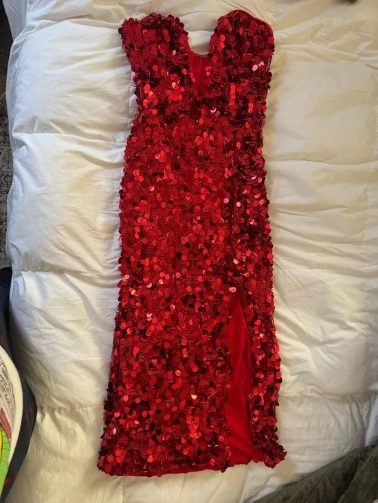 Fashion Nova Red Strapless Sequin Plunge Dress - Picture 5 of 7